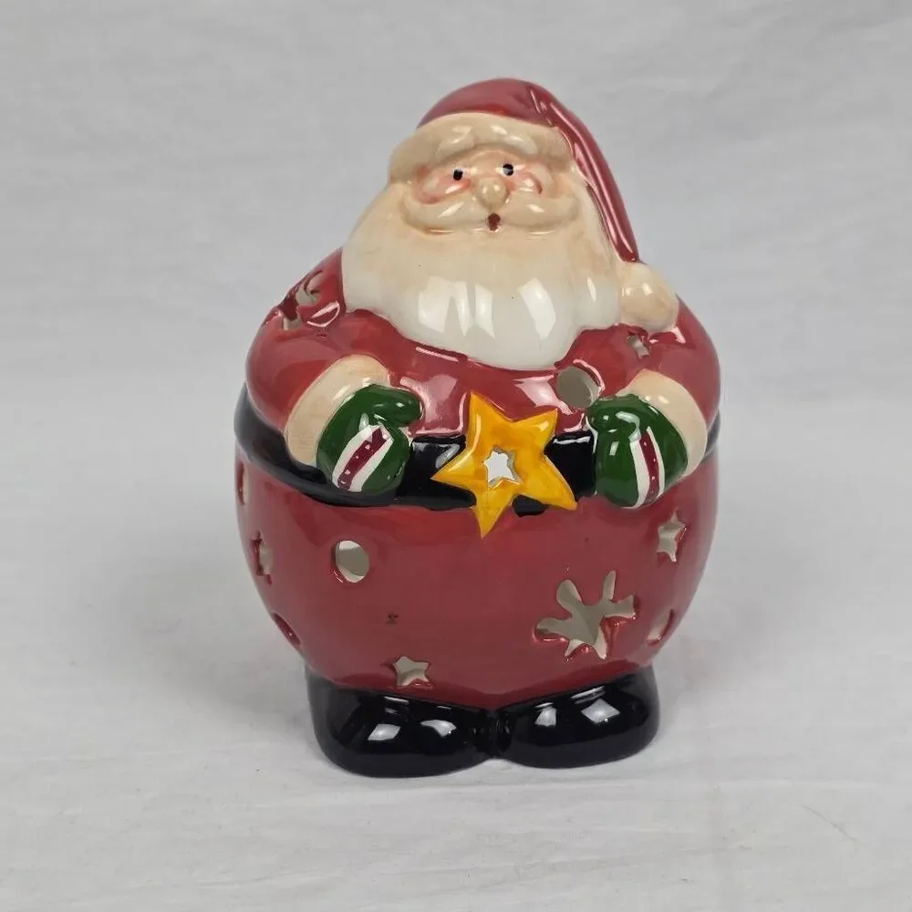 Ceramic Santa Tealight Holder Christmas Luminary 6”